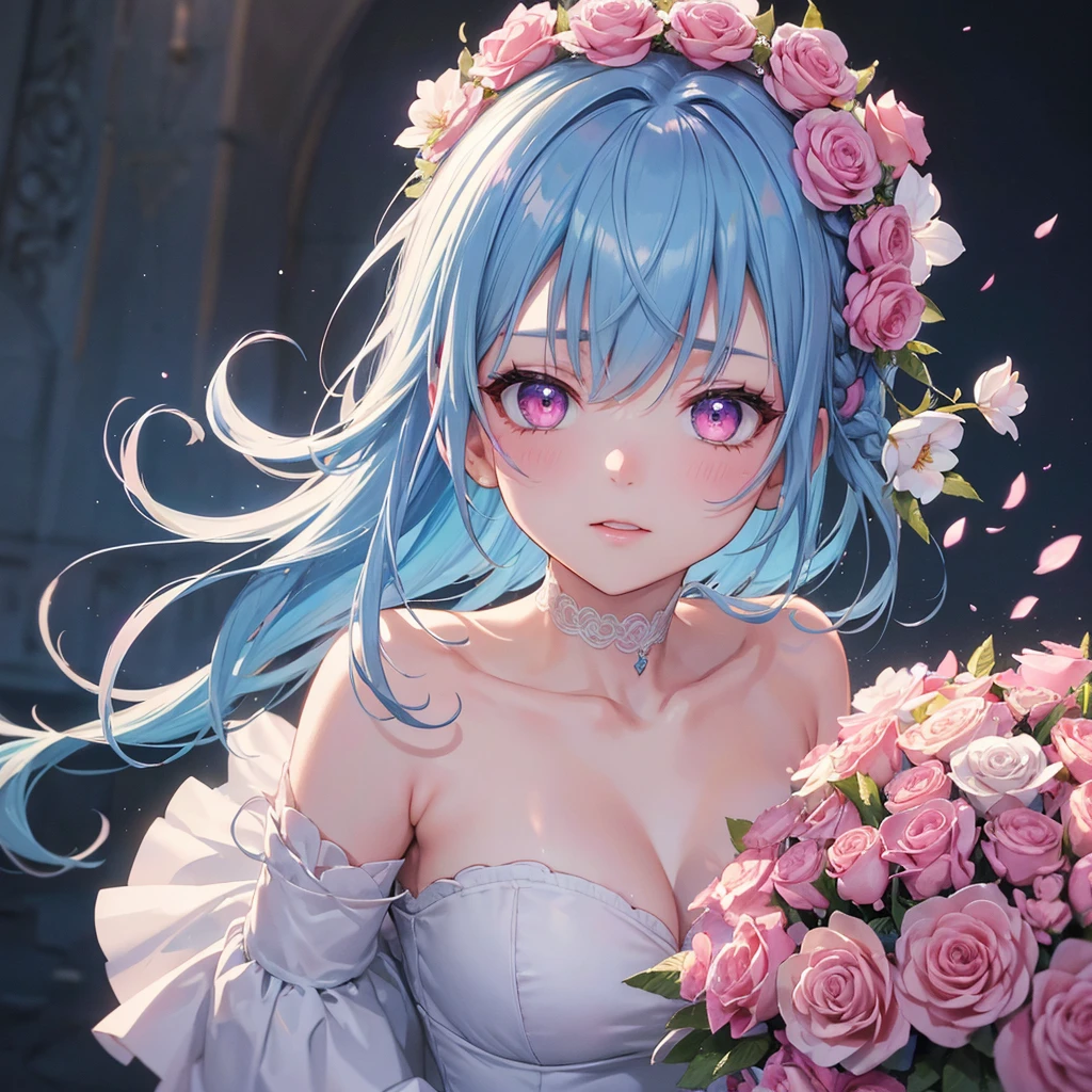 Sky blue hair, (One braided ponytail),(Pink Eyes),Fair skin ,(whole body),(One girl),bride,(Ahegao),Straight bangs, 6月のbride,Wedding dress,(masterpiece, Highest quality, Very detailed, Best Shadow), (Detailed Background), (Beautifully detailed face), High Contrast, (Best lighting, Very delicate and beautiful), ((Cinematic Light)), colorful, Hyper Detail, Dramatic Light, Intricate details,Chapel background,A bouquet of roses in the right hand,Ring on left ring finger,