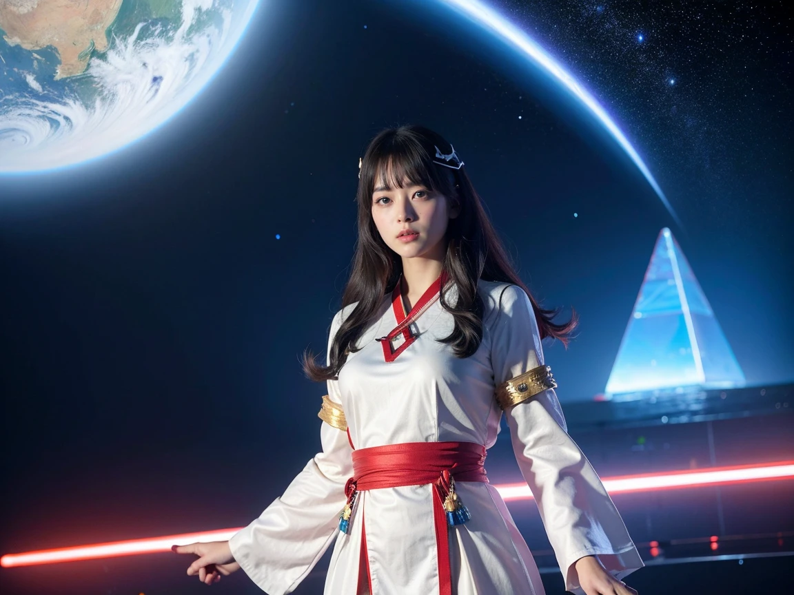 (RAW Photos, Highest quality), (Realistic, Photorealistic:1.3), 1 Girl、Realisticbody、Old shrine maiden costume、Pyramid-shaped UFO floating in space、Laser light、Looking into the camera