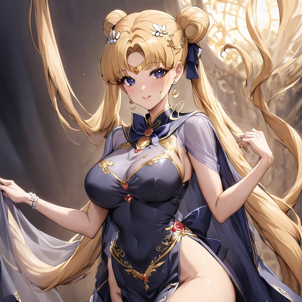 ((Highest quality)), ((masterpiece)), (detailed), (Perfect Face)、The woman is wearing a gorgeous, glittering, long-slit see-through Chinese dress with gold embroidery, a black veil and a black see-through cape, as well as a gorgeous hair ornament and gorgeous jeweled accessories.、The woman is the elegant Tsukino Usagi, with long blonde hair in a chignon twin tail.