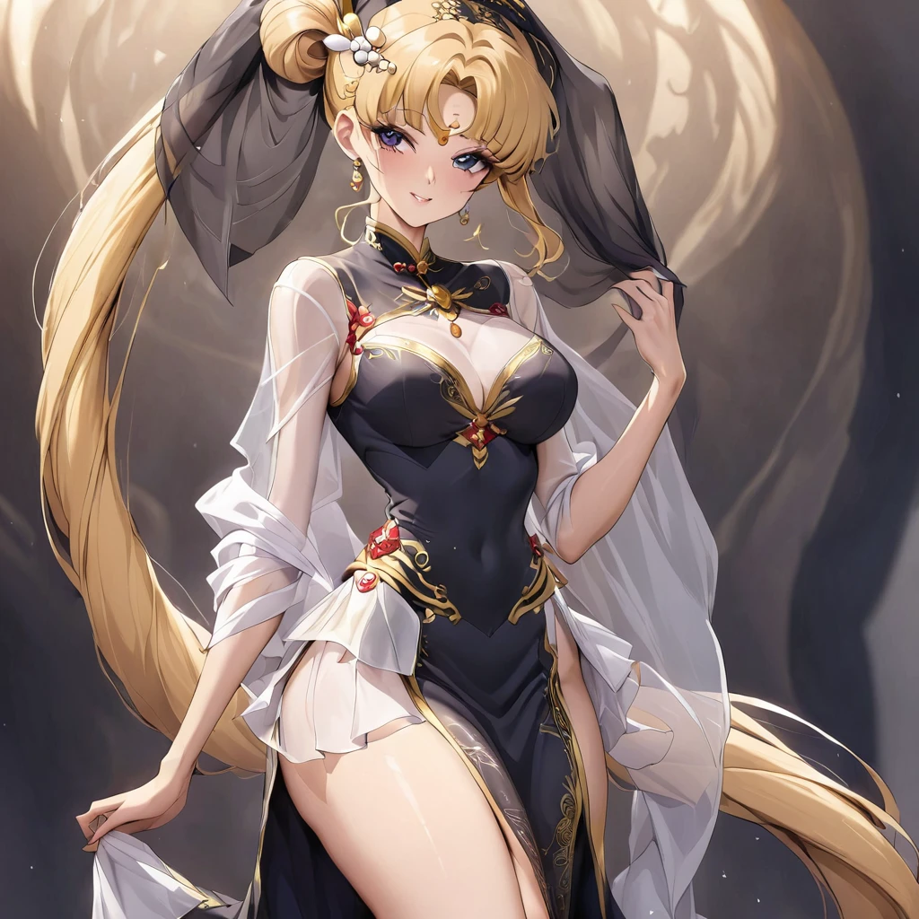 ((Highest quality)), ((masterpiece)), (detailed), (Perfect Face)、The woman is wearing a gorgeous, glittering, long-slit see-through Chinese dress with gold embroidery, a black veil and a black see-through cape, as well as a gorgeous hair ornament and gorgeous jeweled accessories.、The woman is the elegant Tsukino Usagi, with long blonde hair in a chignon twin tail.