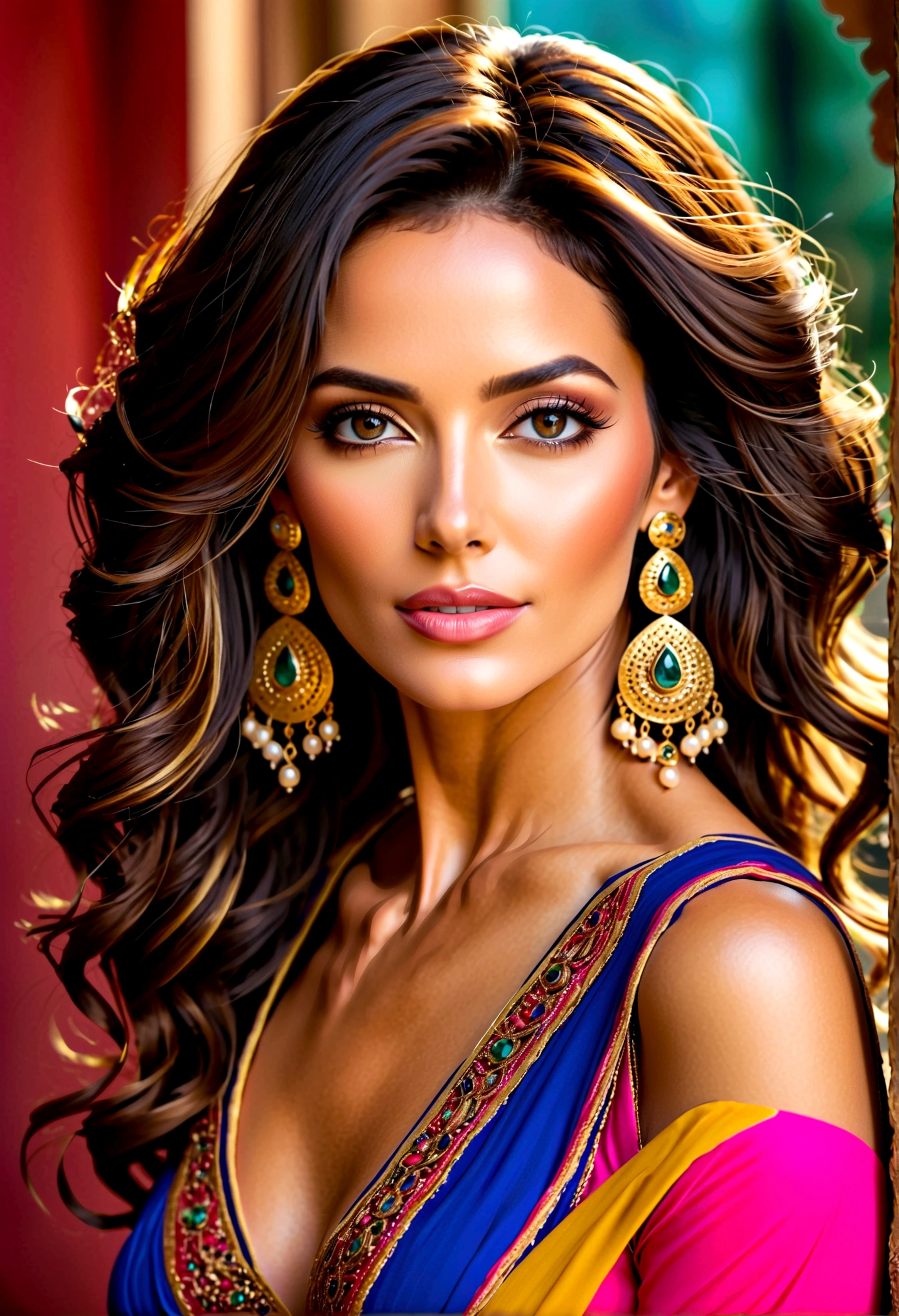 Create an illustration of a stunning 50-year-old woman whose beauty defies her age. She has long, wavy dark hair that cascades down her back and almond-shaped hazel eyes that captivate with their depth. Her face features elegant and refined lines, showcasing her timeless allure. She is dressed in vibrant and eye-catching attire, often in bold colors and flamboyant styles. Her clothing is complemented by extravagant jewelry, adorned with gold and precious stones, reflecting her love for opulence.

Her personality is a blend of youthful exuberance and matured ambition. She exudes a lively and cheerful demeanor, full of wit and charm. However, beneath this joyful exterior lies a more complex side—one of ambition and jealousy. Though she tries to conceal her discomfort with others' interactions, her inner turmoil is subtly evident. Capture the essence of a woman who is vibrant and life-loving yet carries an undercurrent of ambition and envy.