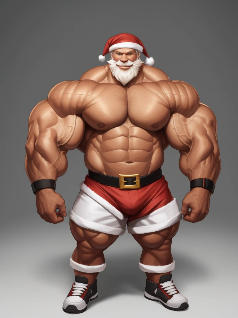 Character sheet. solo, 1boy, perfect anatomy, ground view, wrinkles skin, low shoot, down view, perfect proportion, thick body, thick thighs, sharp eyes, big eyes, smile, santa claus, perfect fingers, big hand, fingers. Huge Muscular Old man with short hair, shoes ,(white shorts), view from side, pectoral, thick arms, huge pectoral, wide pectoral, white hair, white beards, simple background, masterpiece, semirealistic:1.2, high detailed, 8k, high resolution, perfect center, full view. ((really big muscle, massive muscular, sixpack, thick arms, wide pectoral, super huge muscle, hyper muscular, over sized muscle, huge arms, big arms, huge pectoral))