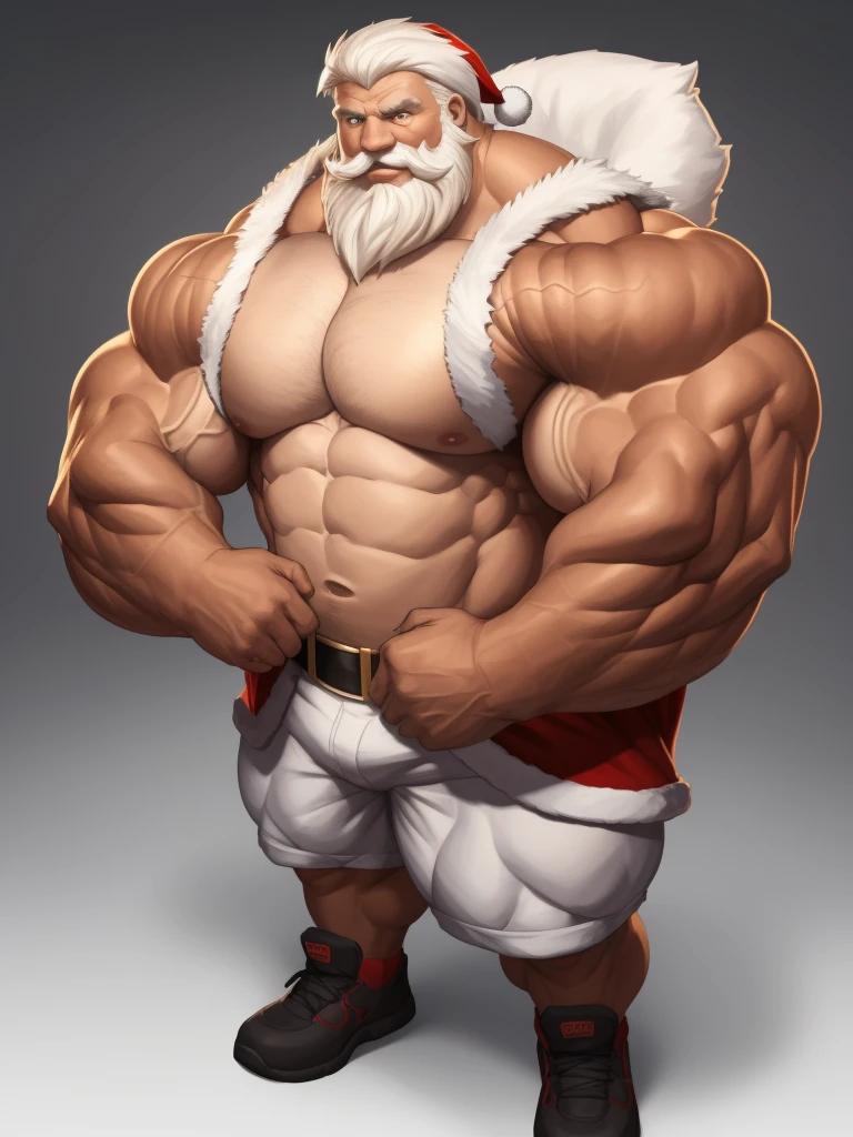 Character sheet. solo, 1boy, perfect anatomy, ground view, wrinkles skin, low shoot, down view, perfect proportion, thick body, thick thighs, sharp eyes, big eyes, smile, santa claus, perfect fingers, big hand, fingers. Huge Muscular Old man with short hair, shoes ,(white shorts), view from side, pectoral, thick arms, huge pectoral, wide pectoral, white hair, white beards, simple background, masterpiece, semirealistic:1.2, high detailed, 8k, high resolution, perfect center, full view. ((really big muscle, massive muscular, sixpack, thick arms, wide pectoral, super huge muscle, hyper muscular, over sized muscle, huge arms, big arms, huge pectoral))