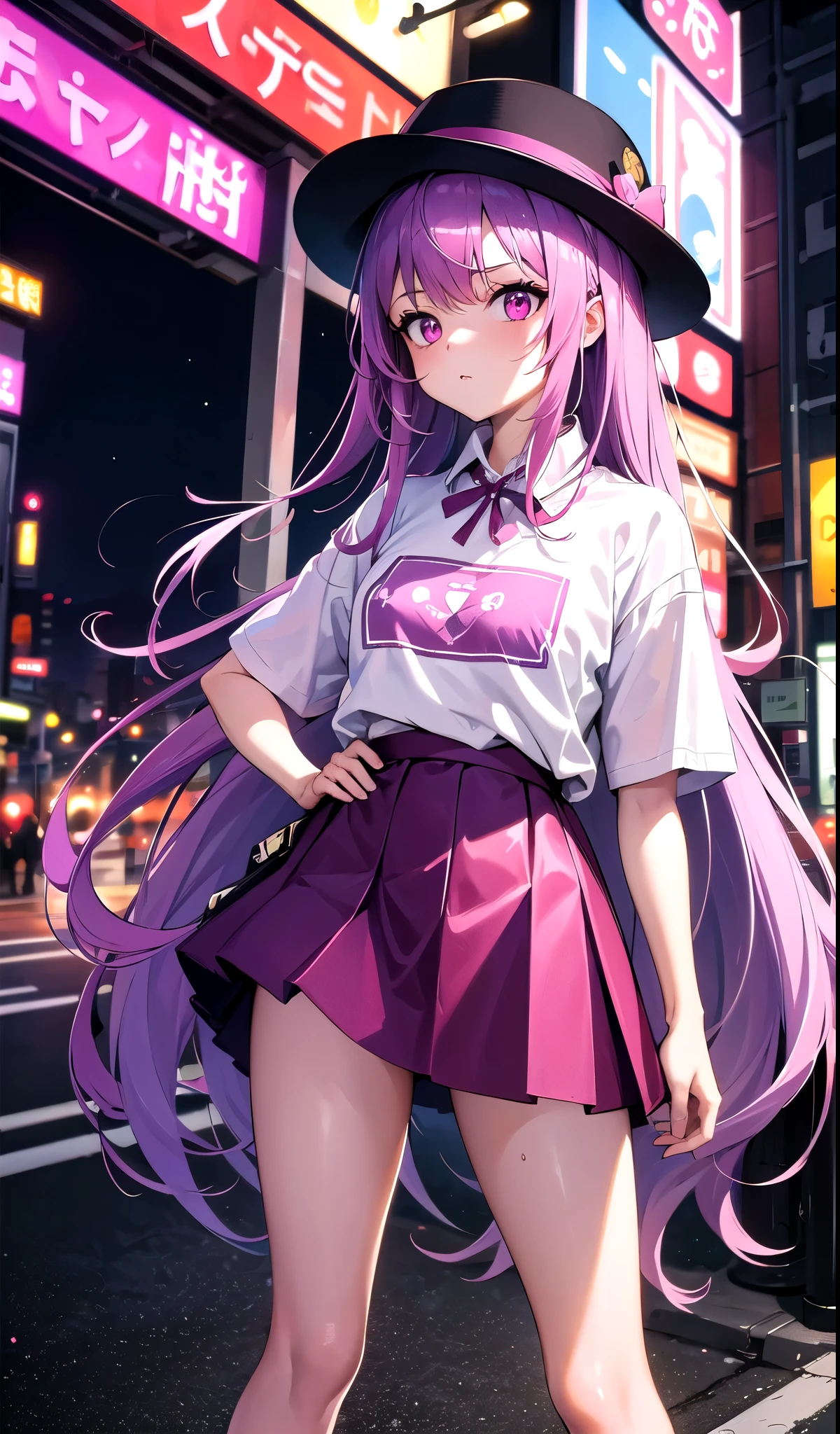 tmasterpiece, Best quality at best, 1个Giant Breast Girl, Adult body, Purple colored hair, a pink eyes, long whitr hair, (little breast), which stands on the street, (T-shirt collar), Underwear straps, pinkskirt, front-facing view, Permanent, city night, neonlight, Tokyo street background, cabs, dated, the shy, head gear, Place your hands behind your back, medium chest circumference, thick leg, Thigh thick
