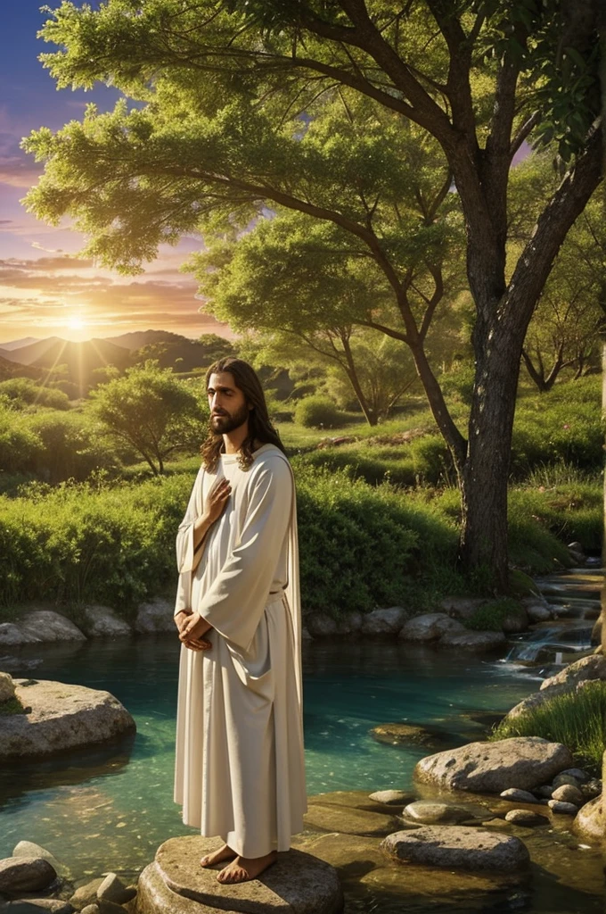 Jesus is at the center, with a serene and welcoming countenance. He wears a white tunic and a blue cloak that flutters softly.. Your expression radiates love and compassion, with eyes that seem to understand and comfort. Around her, there is a golden light, suggesting a divine aura. It is surrounded by lush natural scenery, with green trees, colorful flowers and a crystal clear stream that flows at your feet. In the sky, soft clouds reflect the sunset light, creating a heavenly environment. At the Feet of Jesus, children and adults come together, looking at him with adoration and reverence. Ao fundo, an ancient city with simple architecture stretches, suggesting a sacred site. The image captures the essence of peace, spirituality and divine love that Jesus represents.