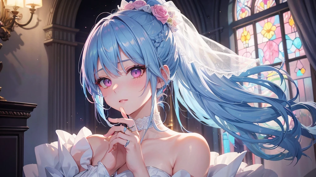 Sky blue hair, (One braided ponytail),(Pink Eyes),Fair skin ,(whole body),(One girl),bride,A big smile,Straight bangs, 6月のbride,Wedding dress,(masterpiece, Highest quality, Very detailed, Best Shadow), (Detailed Background), (Beautifully detailed face), High Contrast, (Best lighting, Very delicate and beautiful), ((Cinematic Light)), colorful, Hyper Detail, Dramatic Light, Intricate details,Chapel background,A bouquet of roses in the right hand,Ring on left ring finger,