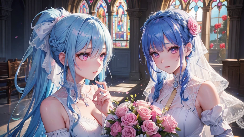Sky blue hair, (One braided ponytail),(Pink Eyes),Fair skin ,(whole body),(One girl),bride,(Ahegao),Straight bangs, 6月のbride,Wedding dress,(masterpiece, Highest quality, Very detailed, Best Shadow), (Detailed Background), (Beautifully detailed face), High Contrast, (Best lighting, Very delicate and beautiful), ((Cinematic Light)), colorful, Hyper Detail, Dramatic Light, Intricate details,Chapel background,A bouquet of roses in the right hand,Ring on left ring finger,