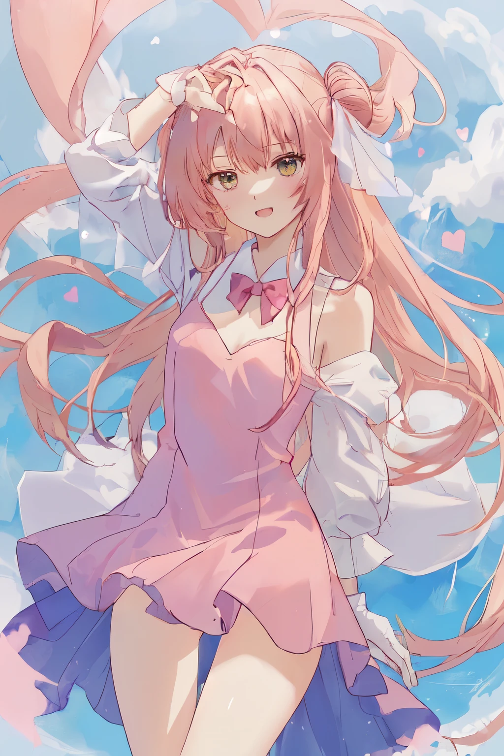 1_girl, (anime, kawai:2), (masterpeice, best_quality, clean:1.5), (sky_background:1.2), (cute, cute_smile, young:1.5), (delicate, beautiful, thin:1.5), (girlfriend, angel:1.8), (green_eyes, simple_eyes:1.5) (long_hair, blond_hair, wearing_pink_dress, pink_angel_wings, sexy_gloves:1.5), extremely_delicate, (love_magic:1.5), (age_size_fits_body), (small_thighs:1.3), (breasts), (eye_level:1.3), (heart_magic, love:1.5), (honeytrap:1.3), (folded_legs:1.5)