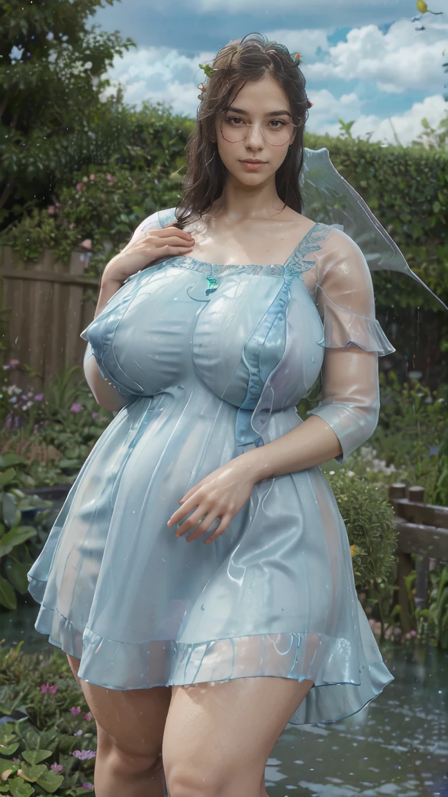 high quality,8K,high resolution,wife wetting in rain,1 personality,tall,realistic texture,Much Muchi,cute smile,one hand on back hip,(Plump body 8),(beautiful sky blue long fairy frock, added net design),(Muchimuchi body 8),(beautiful garden raining  scenery),colorful, transparent clear sunglasses 