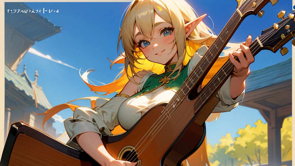 Anime Style,Nostalgic,Detailed background,The medieval world,A bustling square with many people,Smiling bard beautiful elf girl,guitar,Large Breasts,Underarm