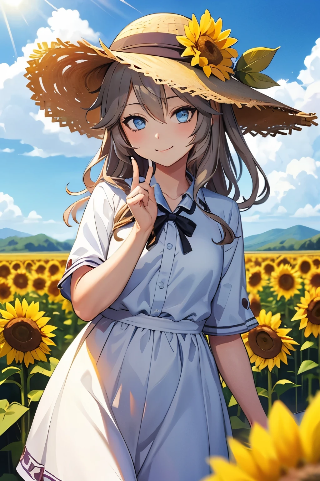 1girl, solo, cowboy shot,portrait、perfect quality, good quality, masterpiece, HDR, uhd,kasukabe tsumugi,Sunflower field、Straw hat、White Summer Dress、sunny day、smile