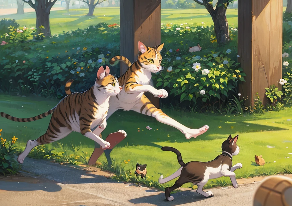 A cat running behind the 10 running mouses to catch them, artistically created, beautiful, cute mouses