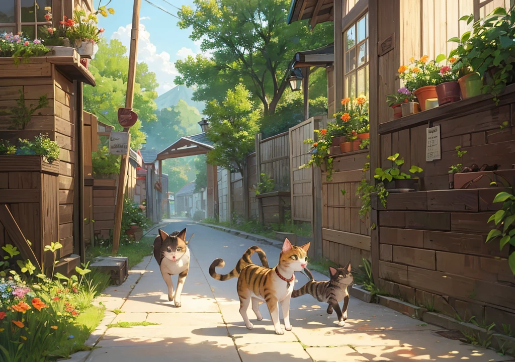 A cat running behind the 10 running mouses to catch them, artistically created, beautiful, cute mouses