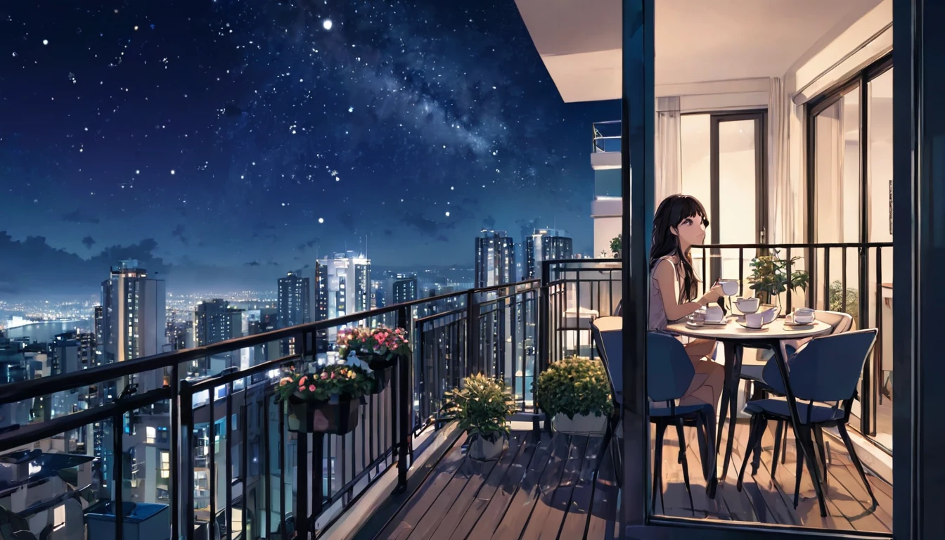 A girl is gazing at the stars on the balcony of a high-rise apartment building. There is a table on the balcony, and a teacup on the table.