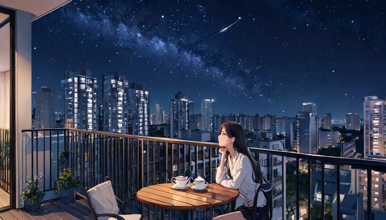 1 chico, fumando, noche, sentado, balcony, looking into the void