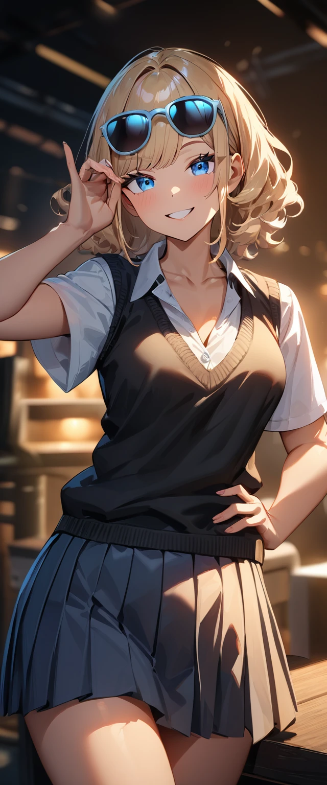 (((One girl))), ((tanned skin:1.3)), blond hair, ((sunglasses, hand to sunglasses)), stick out tongue, ((one hand on hip)), ((bob cut:1.3, wavy hair)), Natural makeup, breasts, (cowboy shot), standard body, (looking at viewer), collarbone, ((((school summer uniform, white unbuttoned shirt, skirt)))), (open collar), ((black tie under the sweater vest)), ((black sweater)), teenager, head tilt:1.3, (((blue eye))), ((happy smile)), (((anime style))), (best quality, 4k, 8k, highres, masterpiece:1.2, ultra-detailed, ultra-detailed eyes, HDR, UHD, studio lighting, ultra-fine painting, sharp focus, physically-based rendering, extreme detail description, professional, vivid colors, bokeh), ((Highest quality, Best image quality, Ultra-high resolution, Ultra-high resolution, solo, Strong eye highlights)), Depth of written boundary, Natural soft light, attractive, Beautiful Face, Cleanliness, Pure Face, nedium chest, Beautiful Face, Perfect Fingers, Perfect hands, Perfect body, Perfect Face, Shine a light into your eyes, Perfect Anatomy
