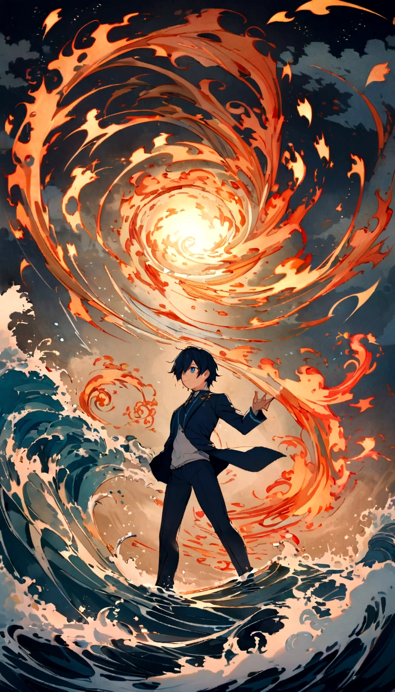 Hiro's Elemental Training: Showing Hiro's intense training, Wield your sword amidst the swirling fire element, water, and wind, Depicting a deep connection with each element.