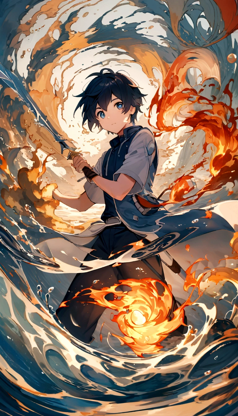 Hiro&#39;s Elemental Training: Showing Hiro&#39;s intense training, Wield your sword amidst the swirling fire element, water, and wind, Depicting a deep connection with each element.