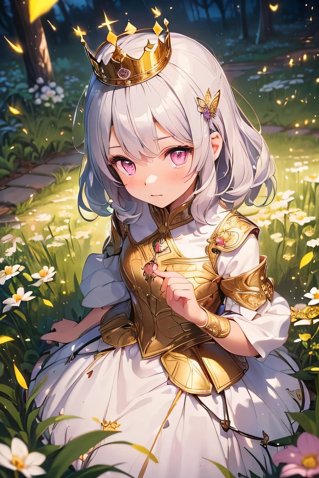 (((Best quality))), (((Ultra detailed))), 1 girl, ((((vivid)))),(((beautiful detailed hair, medium hair, silver hair))), (((pink eyes))), (((crown, small, pretty, gold, little))), raining, viewing from above:1, (blush), flower field, beautiful detailed flowers, colorful flowers, ((fireflies, sunshine, particles)), flying butterfly, (beautiful butterfly hair ornament) starrystarscloudcolorful
