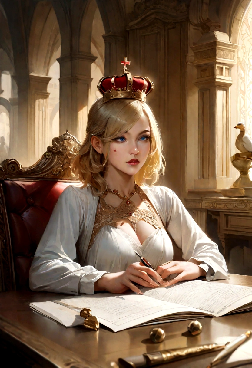 (Masterpiece: 1.2, Best Quality), Realistic, (Realistic Picture, Complex Details, Depth of Field), Best Quality, Masterpiece, Highly Detailed, Semi Realistic, 1 Girl, Mature Female, 21 Years Old, Blond Hair, Shoulder length Short Hair, Left Eye Covered with Hair, Blue Eyes, Lingerie, Slim Figure, Crown Made of Precious Gold, Reading Documents, Marking Documents, Goose Hair Pen, Office Table, Soft Bench, Palace, In the palace, during the Middle Ages