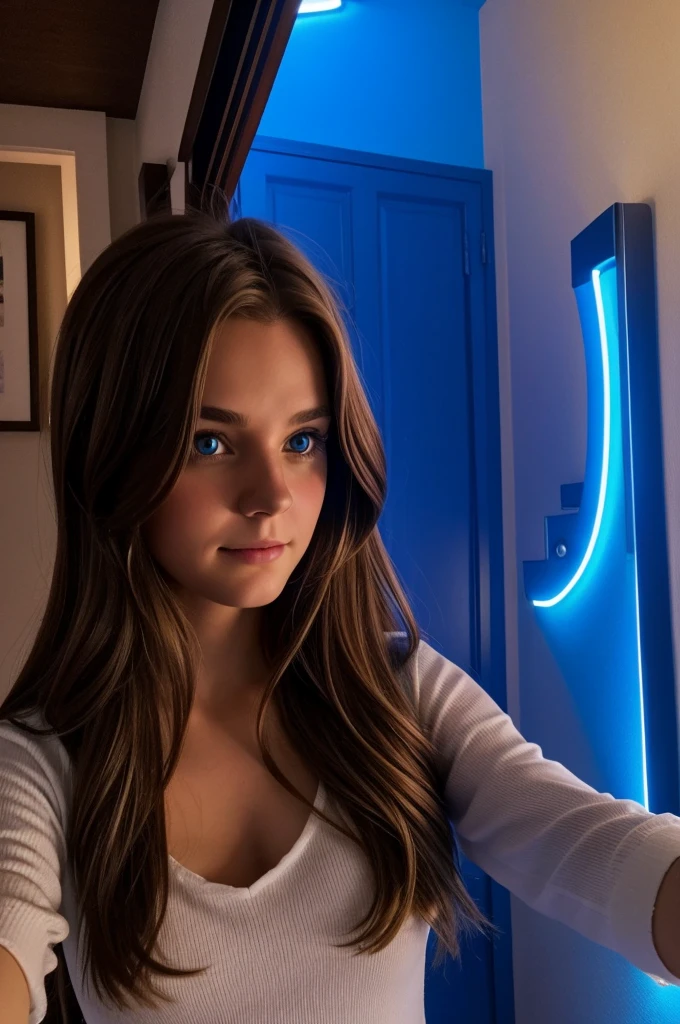 A selfie where a brown-haired German girl with long hair is in her room with blue LEDs it has to look like real so the pose the face everything