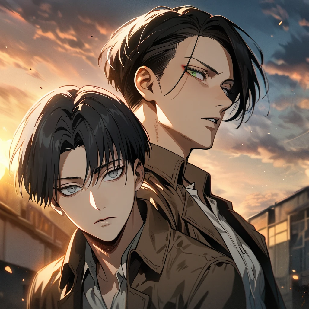 Ultra detailed, Highres, absurdres, HDR, Levi Ackerman, black hair, grey eyes, Shingeki No Kyojin, extremely handsome, 1 man with 1 woman, she have white hair and green eyes, the woman is part of the squad, the sunset, full-body portraits