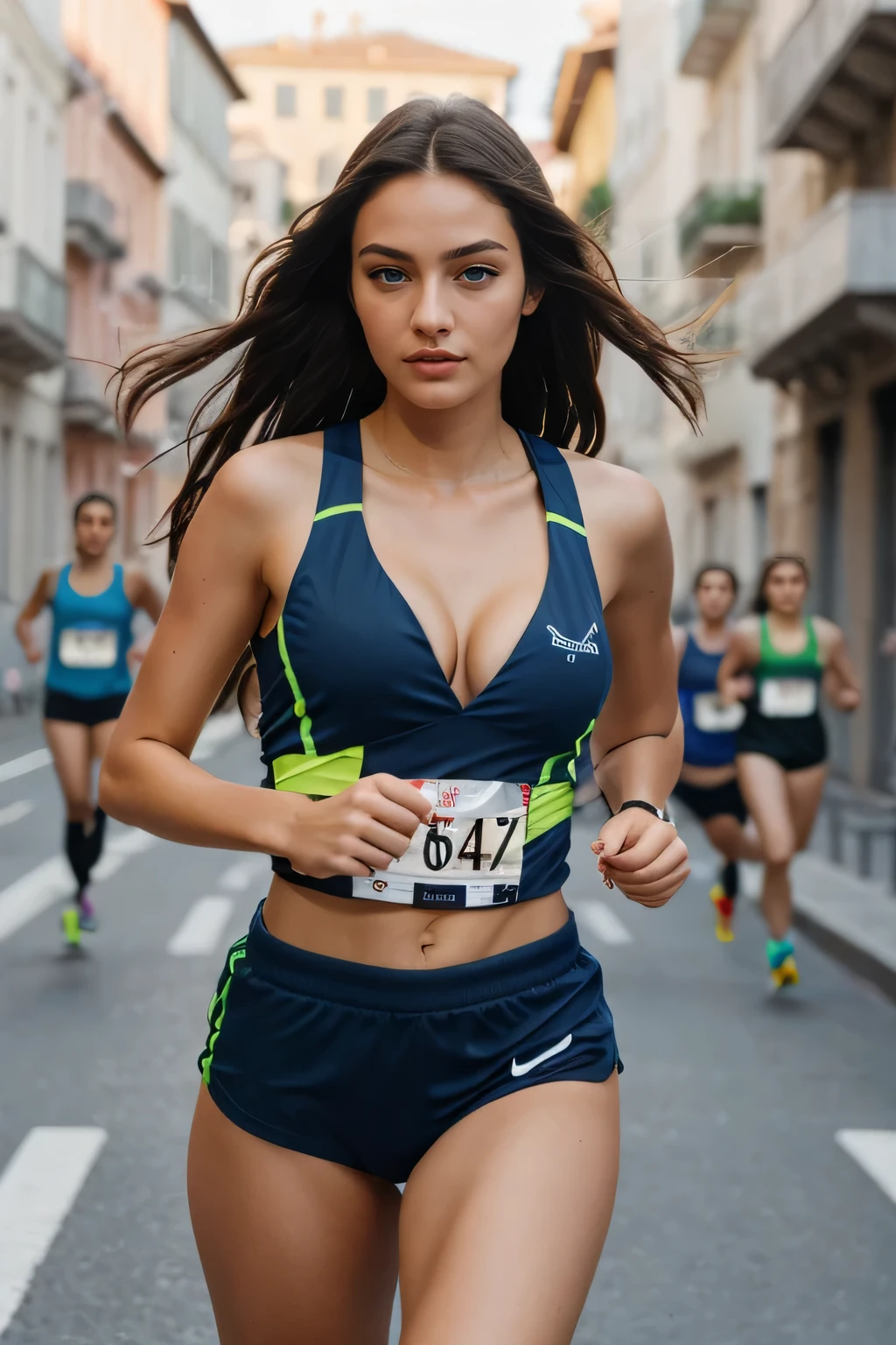 instagram photo, 18 years old, italian woman, ((long brown hair)), ((dark blue eyes)), , (((supermodel face))), ((runner outfit)), (cleavage), hard shadows, [8K, Best Quality, Masterpiece, Ultra High Resolution, (highly detailed CG unity 8k wallpaper), (best photo), (best shadows), isometric 3D, octane rendering, ray tracing, highly detailed, Realistic hands. Blurred foreground], running on street, 