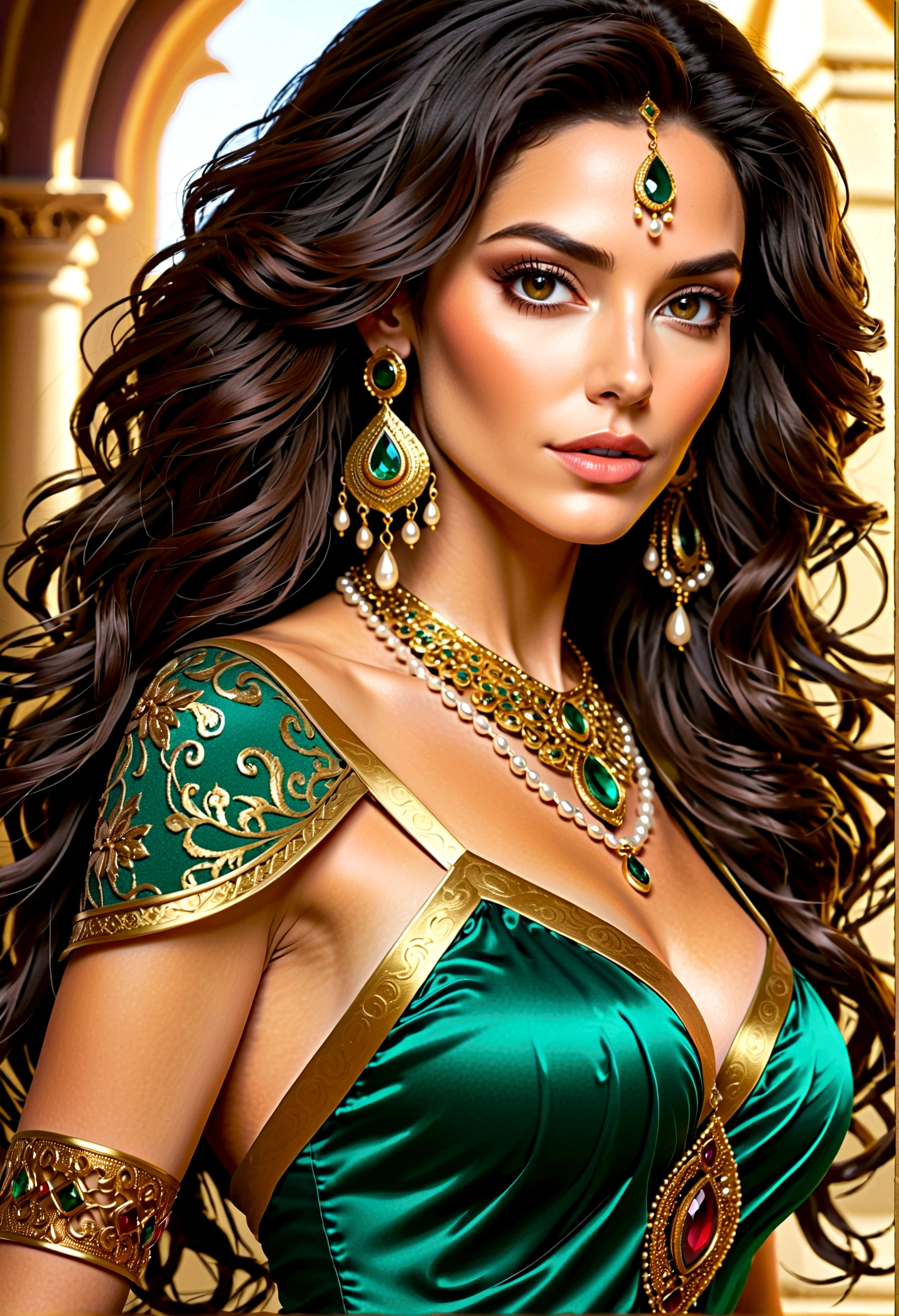 dnd character, dnd npc, (Illustrate a 50-year-old woman who is stunning, youthful, and elegant). She has long, wavy, dark hair and captivating, almond-shaped hazel eyes. Her face is refined and timeless. She wears vibrant, bold, and flamboyant attire, adorned with extravagant, gold, and precious stone jewelry. Her demeanor is lively, cheerful, and witty, yet beneath the surface, she is ambitious and subtly jealous