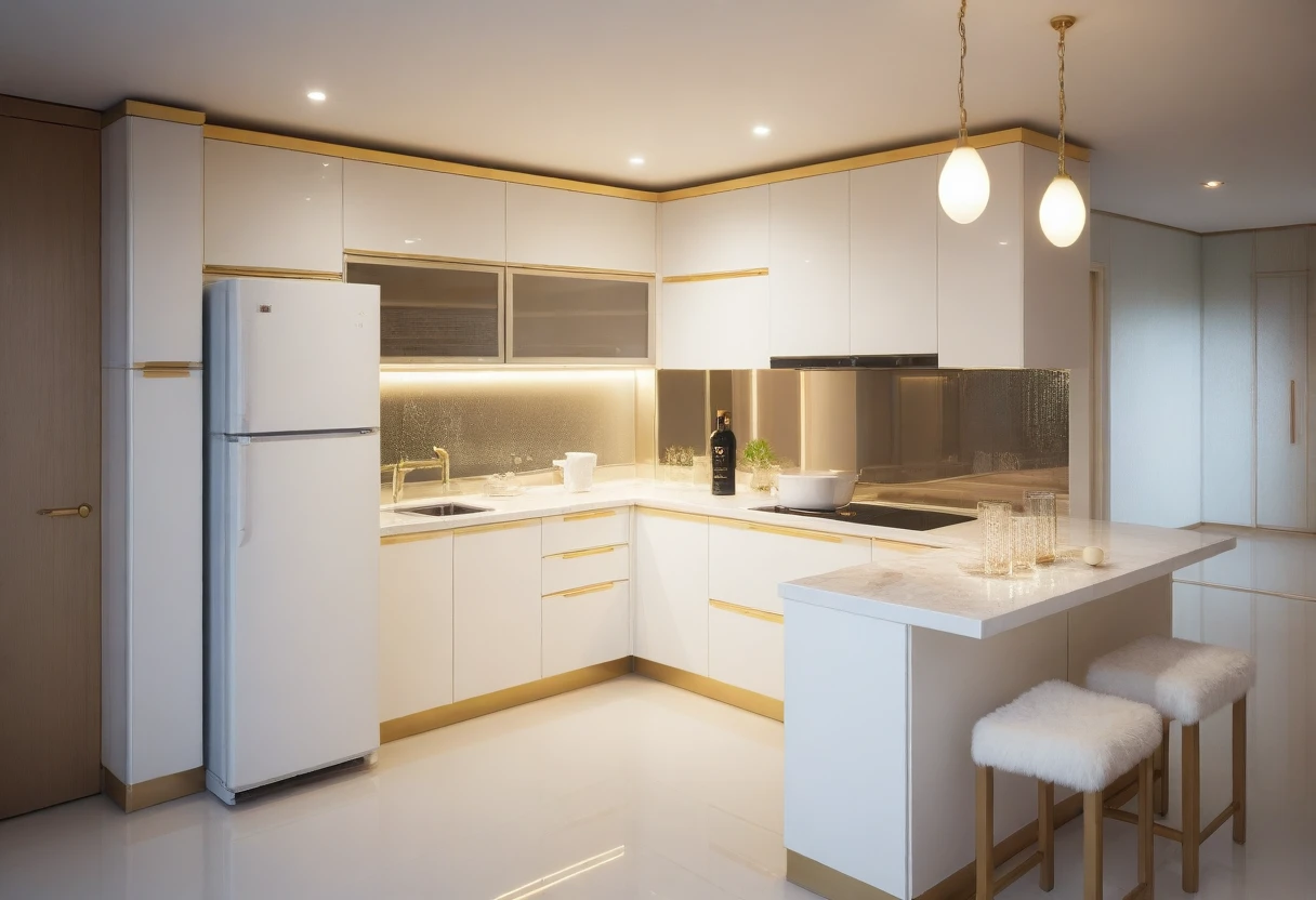 ,Masterpiece, Best quality,8K, Ultra-high resolution,When you step into the ((KITCHEN: 1.3)) ,Immediately surrounded by a rich atmosphere of luxury. The space was covered with a soft white fluffy blanket,It is so comfortable,So much so that you can't help but indulge in it。Embellished with precious porcelain and white-off CHAMPAGNE ornaments。Whenever it is late afternoon,The afterglow from the window spilled on the floor,Soft light and shadow are reflected,It was as if entering a dreamland.