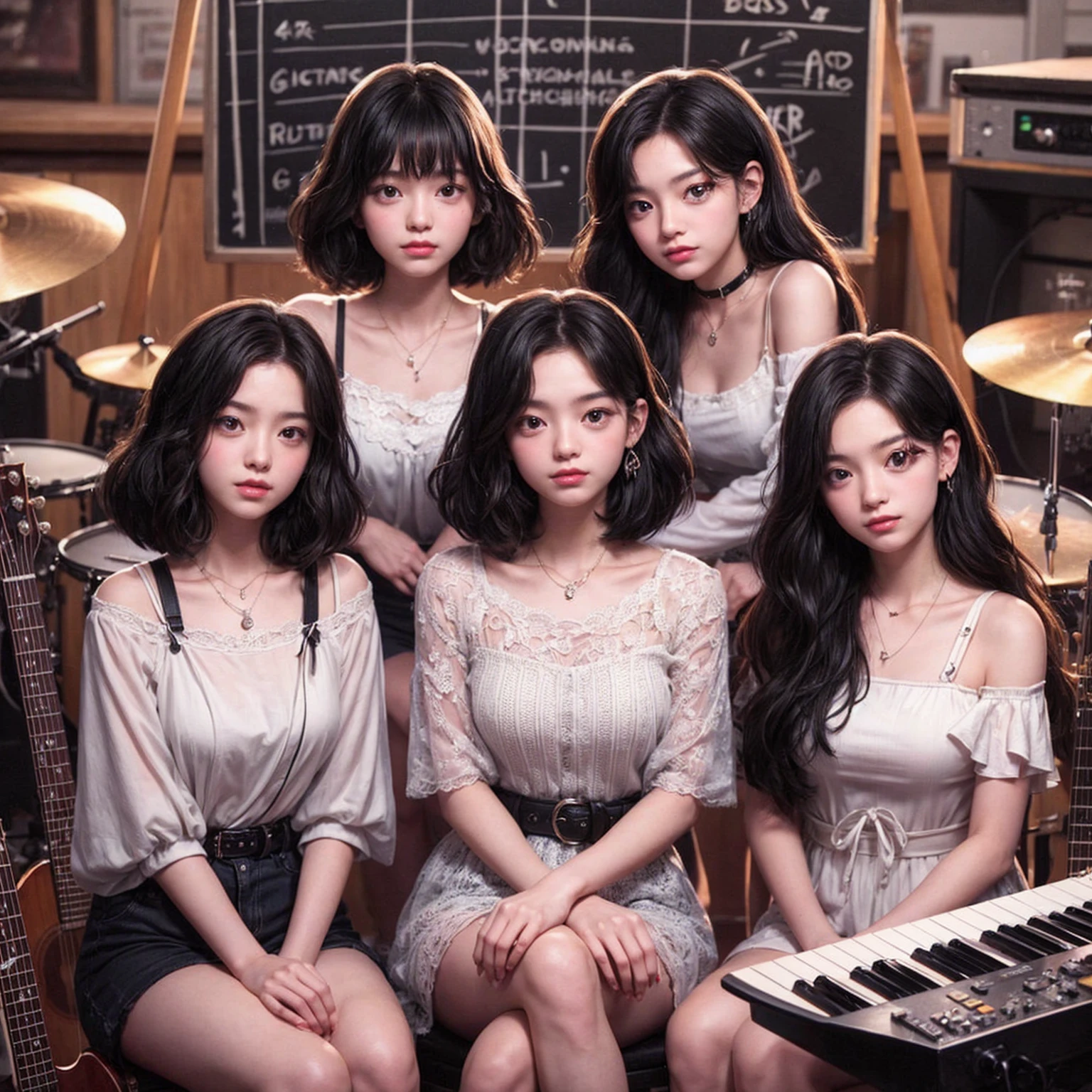 **Photo of 5 beautiful girls, aged 18 to 20, sitting:**
- **3 girls with messy black hair**
- **1 girl with wavy bob black hair**
- **1 girl with a black ponytail**
One girl is playing the drums, one girl is playing the piano, one girl is playing the bass guitar, one girl is playing the guitar, and one girl is singing. They are sitting behind a board with the word "ECHO" written on it. The background is a music studio, complete with drums, guitars, bass guitar, and piano. The image is ultra HD, 4k, photorealistic, raw, and a masterpiece.