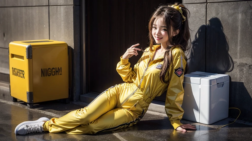  18-year-old girl with  wears a yellow jumpsuit with a smile and a sexy naughty cube hair ornament with a full body picture