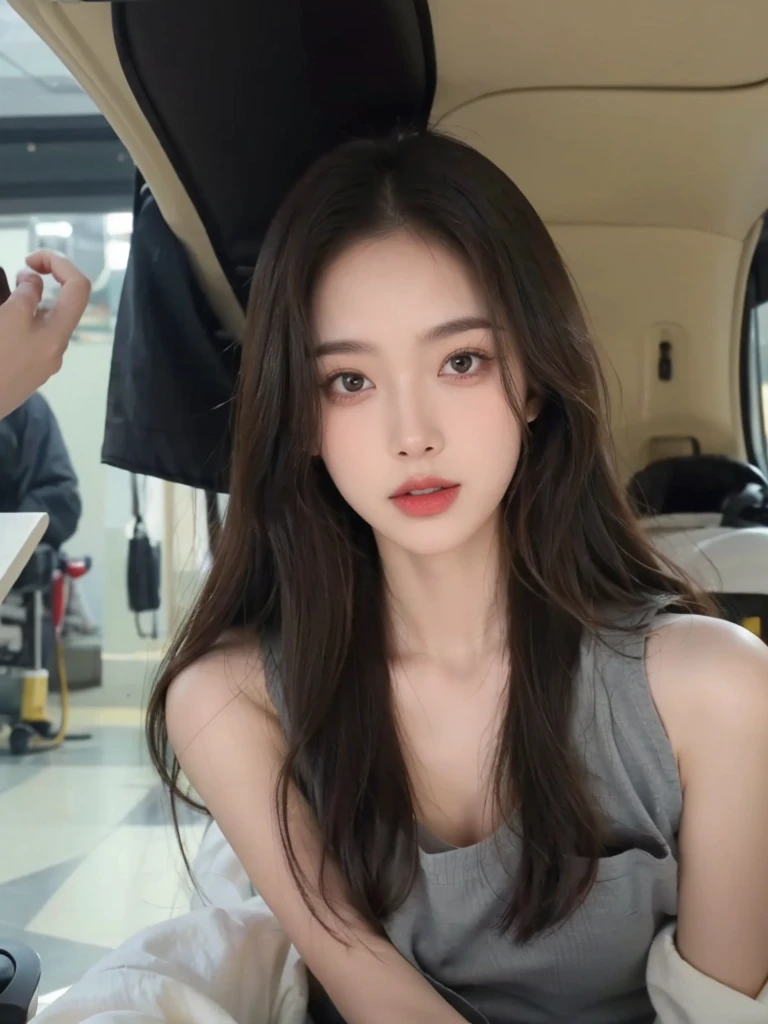 (lifelike, high resolution:1.3), 1 girl with a perfect figure, The face shape and eyes are super beautiful,Long hair, Random color vest:1.2, Short jeans, Big ,Showing cleavage