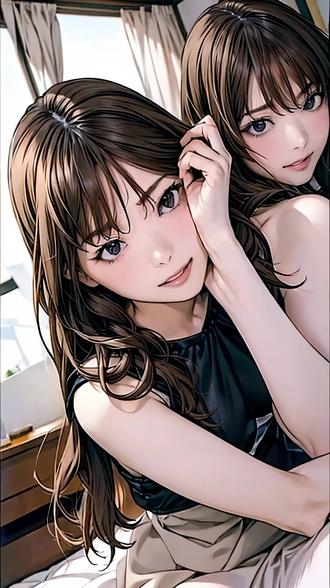 sfw:2.0,three women,group,shot,From,below,All,fours,bunny,girl,black outfit,hotel,room,with,bed,Tokyo,night,skyline,hands on bed,looking back