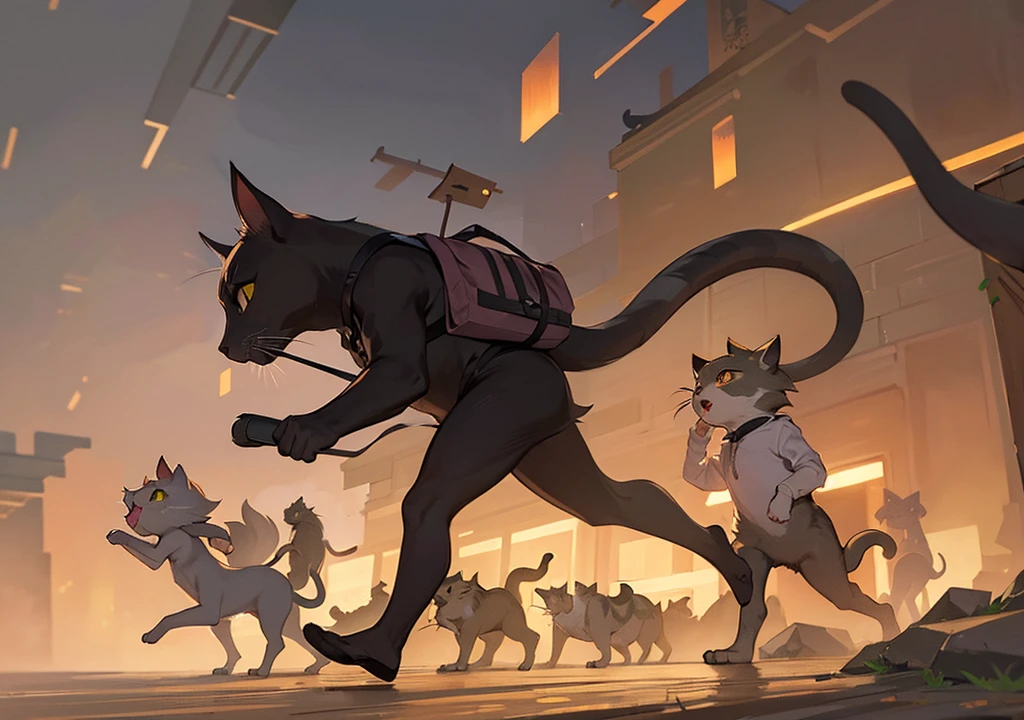 A cat running behind the 10 running rats to catch them, artistically created, beautiful, cute rats