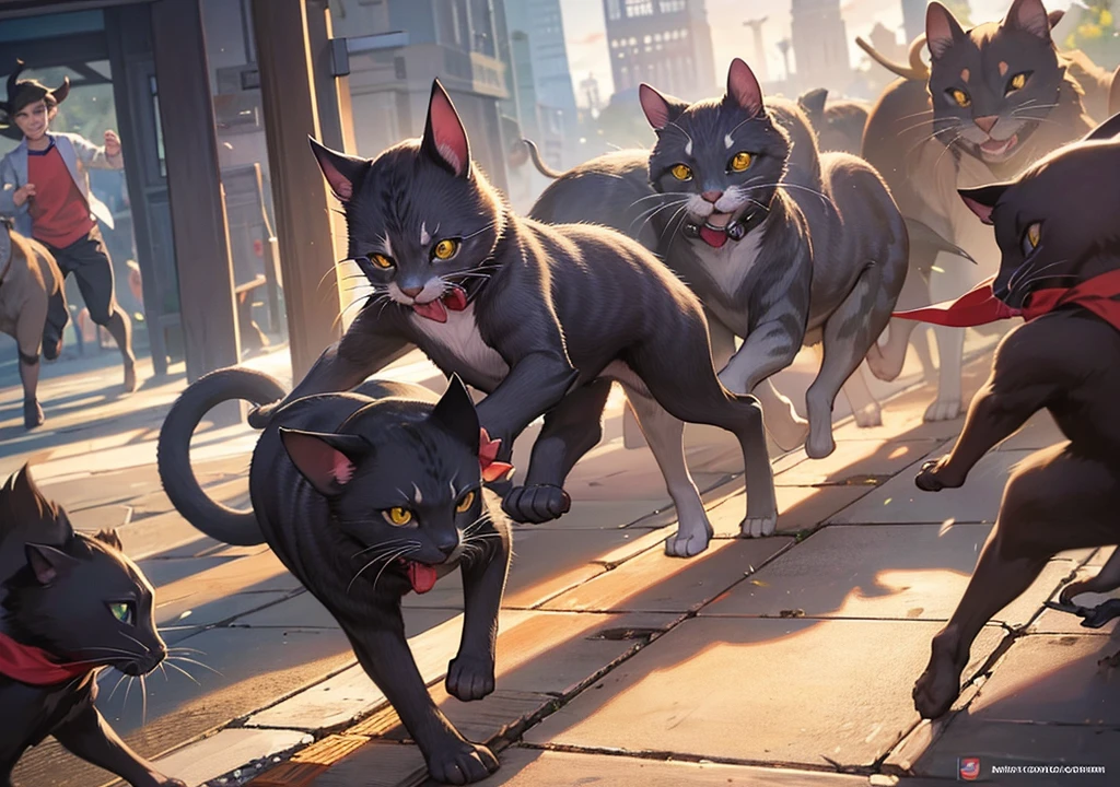 A cat running behind the 10 running rats to catch them, artistically created, beautiful, cute rats