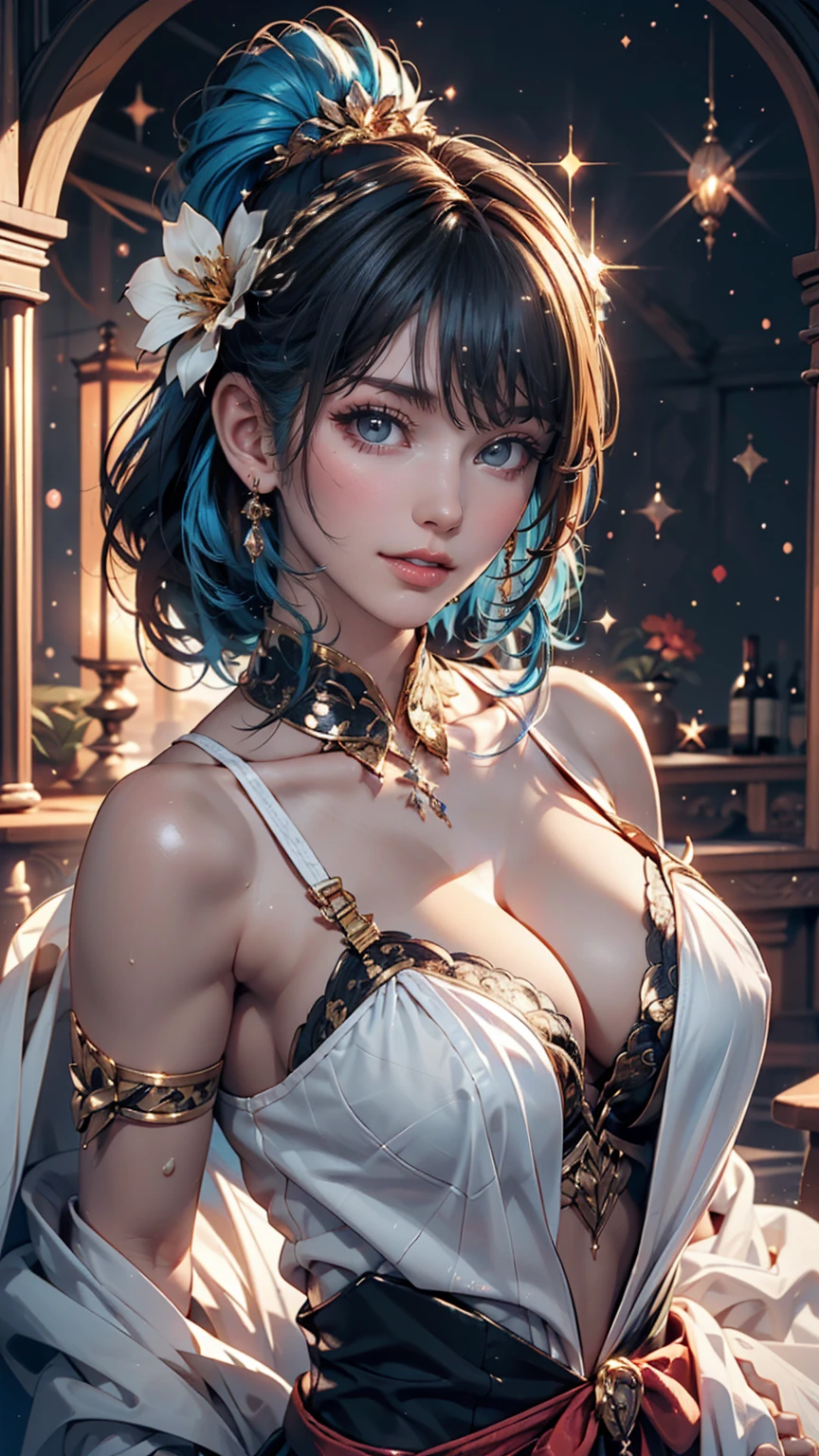 (masterpiece), (Highest quality), (Super detailed),(Dish-shaped hair),(figure), (One girl), (Fashionable clothes), Are standing, Fashion Model, View your viewers, (interview), (Simple Background), Beautiful and delicate eyes, delicate beauty, floating, (High saturation), (Colorful Splash), Colorful bubbles, (Shine), Focus on the face, ponytail, Ayaka Kamisato, Light blue hair, bangs, Hair Circle, floating flowers, Flowing Hair, (Shiny), Best lighting, Best Shadow, whole body, Overlooking、24-year-old female、Sexy proportions、Sexy、Narrow waist、Headpiece((hair ornament))、Cinematic light effects、Sparkle Effect((cinematic lighting, sparkle, 8K))、Anatomically correct((anatomically correct))、Ultra high definition((uhd))、Textured skin((textured skin))、Very detailed((super detail))、High detail((high details))