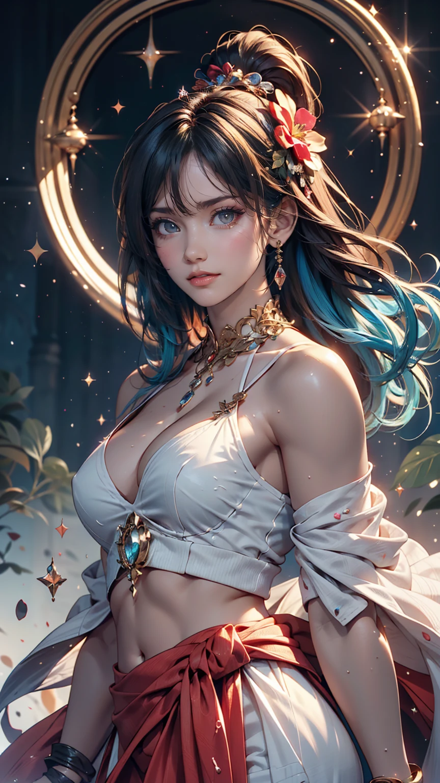 (masterpiece), (Highest quality), (Super detailed),(Dish-shaped hair),(figure), (One girl), (Fashionable clothes), Are standing, Fashion Model, View your viewers, (interview), (Simple Background), Beautiful and delicate eyes, delicate beauty, floating, (High saturation), (Colorful Splash), Colorful bubbles, (Shine), Focus on the face, ponytail, Ayaka Kamisato, Light blue hair, bangs, Hair Circle, floating flowers, Flowing Hair, (Shiny), Best lighting, Best Shadow, whole body, Overlooking、24-year-old female、Sexy proportions、Sexy、Narrow waist、Headpiece((hair ornament))、Cinematic light effects、Sparkle Effect((cinematic lighting, sparkle, 8K))、Anatomically correct((anatomically correct))、Ultra high definition((uhd))、Textured skin((textured skin))、Very detailed((super detail))、High detail((high details))