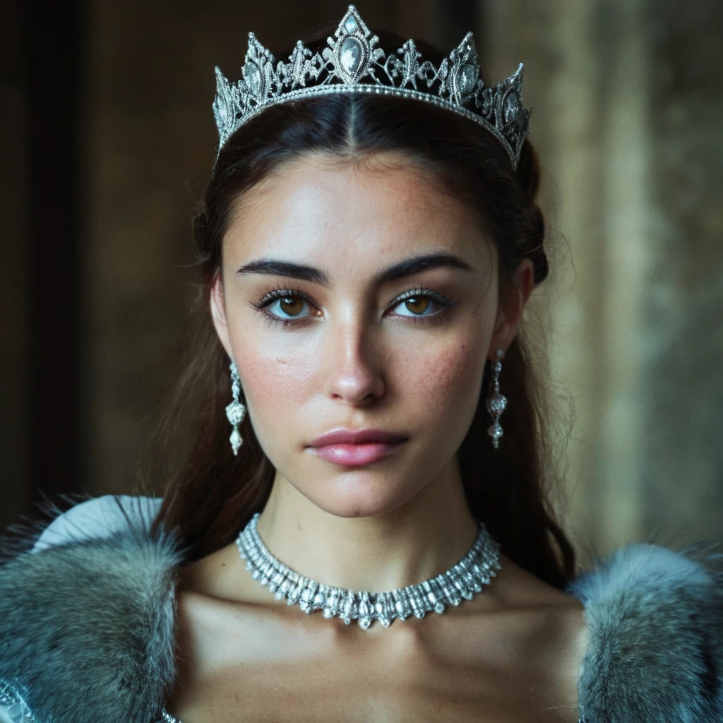 mabeer, (Skin texture, pores, blemishes), Super high res portrait photo of an actress dressed as a medieval queen with a delicate tiara on her head,f /2.8, Canon, 85mm,cinematic, high quality, skin texture, looking at the camera, skin imperfections,