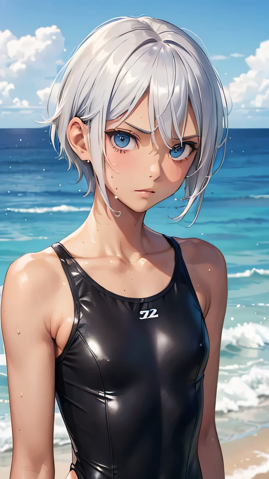 highest quality、Realistic、Silver Hair、Light blue eyes、Very Short Hair、One piece swimsuit、Tanned black body、A well-trained body、athlete、Tan Skin、Brown black skin、slender、boyish、Sweat、smile、Ocean、Bust Shot