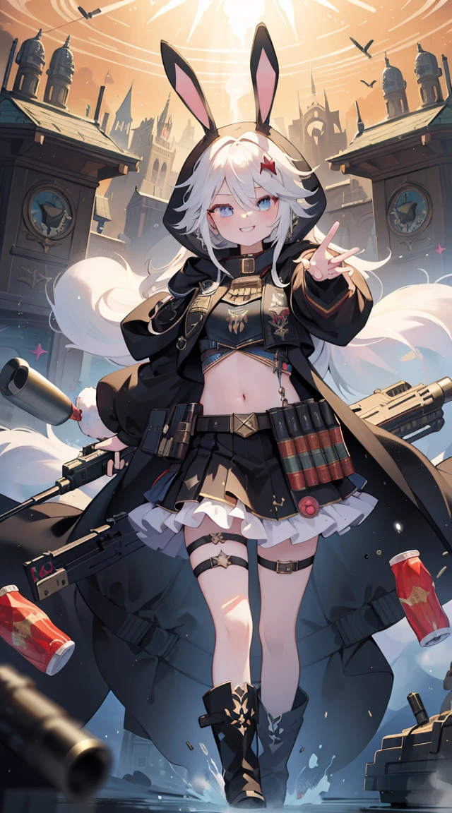 (masterpiece), Best quality, Fantasy art, 1 girl,One, a girl firing her long machine a gun in A magical land, white_hair, long hair, wicked, grin, smile, (black_hood:1.4), bunny ears, long coat, skirt, boots, (((ammunition belt))), a gun, bullet casing, machine a gun, Weapon, (A magical land:1.2)