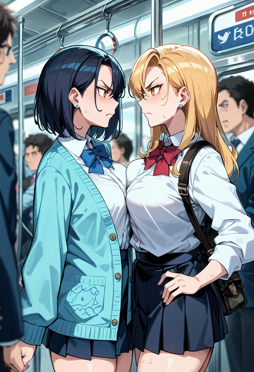 2girls,{{{white cardigan,black mini skirt}}{{back track rich,blonde hair,long hair{{yellow eyes}}{{white cardigan,black mini skirt,red bowtie}},{{back track rich,dark hair,medium hair{brown eyes},{{blue cardigan,black mini skirt,Blue tie}}}},People Girls,Frowning,,Starring each other,Face to face,Medium chest,Medium chest,Glaring at each other,Glaring at each other,Mouth half open,sweaty,Breast Matching,blurry background,little angry,{{symmetrical_docking}}Mouth half open,sweaty,blurry background,little angry,{{symmetrical_docking}},{{in train interior}}