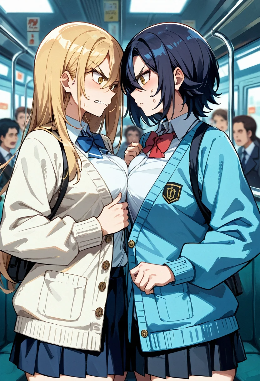 2girls,{{{white cardigan,black mini skirt}}{{back track rich,blonde hair,long hair{{yellow eyes}}{{white cardigan,black mini skirt,red bowtie}},{{back track rich,dark hair,medium hair{brown eyes},{{blue cardigan,black mini skirt,Blue tie}}}},People Girls,Frowning,,Starring each other,Face to face,Medium chest,Medium chest,Glaring at each other,Glaring at each other,Mouth half open,sweaty,Breast Matching,blurry background,little angry,{{symmetrical_docking}}Mouth half open,sweaty,blurry background,little angry,{{symmetrical_docking}},{{in train interior}}