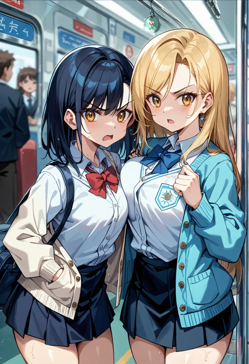 2girls,{{{white cardigan,black mini skirt}}{{back track rich,blonde hair,long hair{{yellow eyes}}{{white cardigan,black mini skirt,red bowtie}},{{back track rich,dark hair,medium hair{brown eyes},{{blue cardigan,black mini skirt,Blue tie}}}},People Girls,Frowning,,Starring each other,Face to face,Medium chest,Medium chest,Glaring at each other,Glaring at each other,Mouth half open,sweaty,Breast Matching,blurry background,little angry,{{symmetrical_docking}}Mouth half open,sweaty,blurry background,little angry,{{symmetrical_docking}},{{in train interior}}