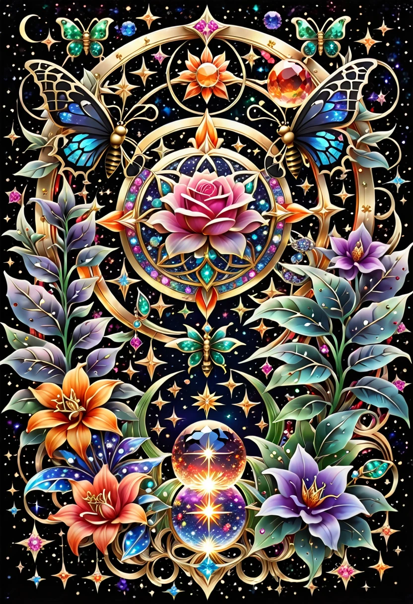 Deep black space background、star、惑star、the sun and the moon、colorful paint splash、Cute glitter vector graphic design featuring intricate and complex symbols with the ethereal beauty of the celestial palace known as the Galactic Citadel, Surrounded by bright light.Cosmic Black with Neon Bioluminescent Color, Icy Red,14kt pure gold color. Creating a fusion of these symbols,Fiery pink rose, Bioluminescent Neon Blue, Orange green lily, Fiery bioluminescent red ruby, Purple and white diamonds、Lots of purple sapphires and emeralds、Butterfly and Bee – ar 16:9 – Style Raw – Stylize 400 *