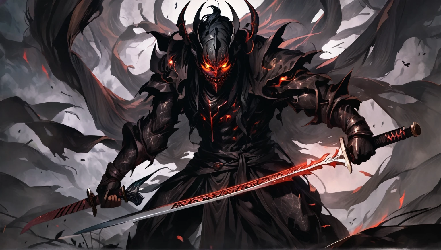 demon mask, sword on the back,close up, black heavy detailed clothes, hand katana, art, dark and malevolent, hand sword, armor, powerful and intimidating, (masterpiece, best quality, ultra-detailed, best shadow), (detailed background, dark fantasy) dramatic light, intricate details, dark and malevolent, powerful and intimidating, Dark and foreboding, malevolent force, sinister and chilling, armor, high detailed background, girl in demon slayer art, demon slayer art style, epic anime art, God death