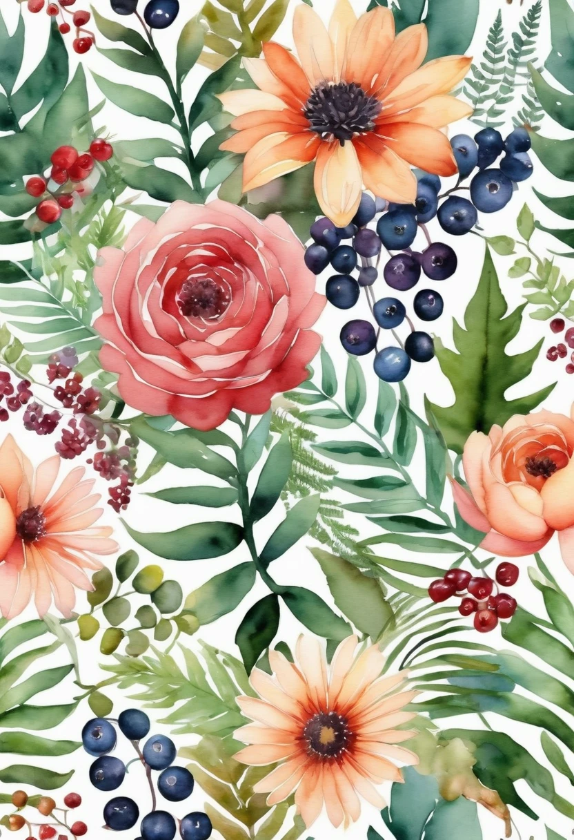 watercolor pattern of beautiful flowers, berries, ferns, leaves, calm colors on a #3b4195 color background. Watercolor paper texture.