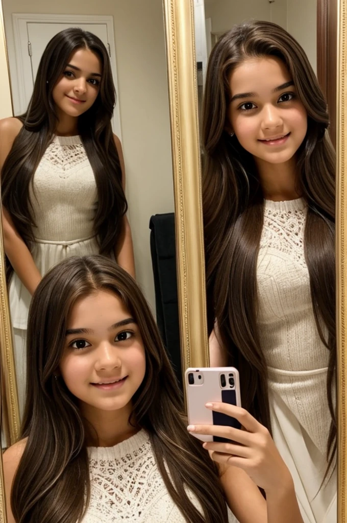 A selfie of a 14 year old girl with long brown hair and brown eyes taking a selfie in front of the mirror so that you can&#39;t see her face and in the background you can see blue light from LEDs 