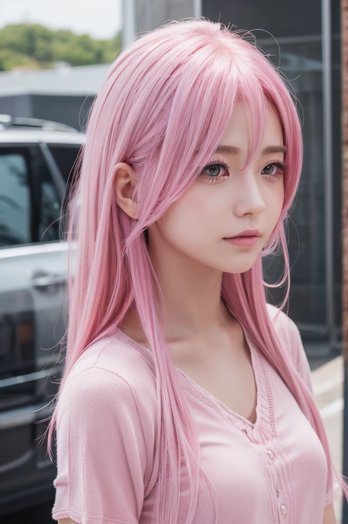A realistic girl with pink hair and long eyelashes