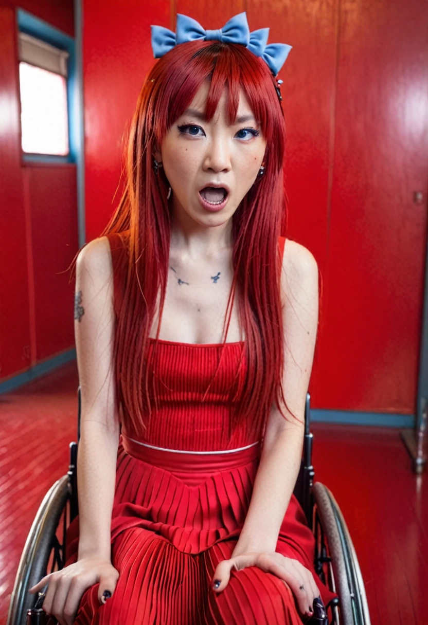 Uhd, photo of Cami, subject: Noriko, 1/2 Japanese 1/2 Hainu skinny girl in a 2/0 large wheelchair with long red hair and fringe, blue+++ eyes, oval face, LGBTQIA+, queer, punk style, wearing (long red dress), buttefly hairclip, tattooes.  She has a very angry facial expression and looks towards the camera.. She is screaming and walking. Background: red room.