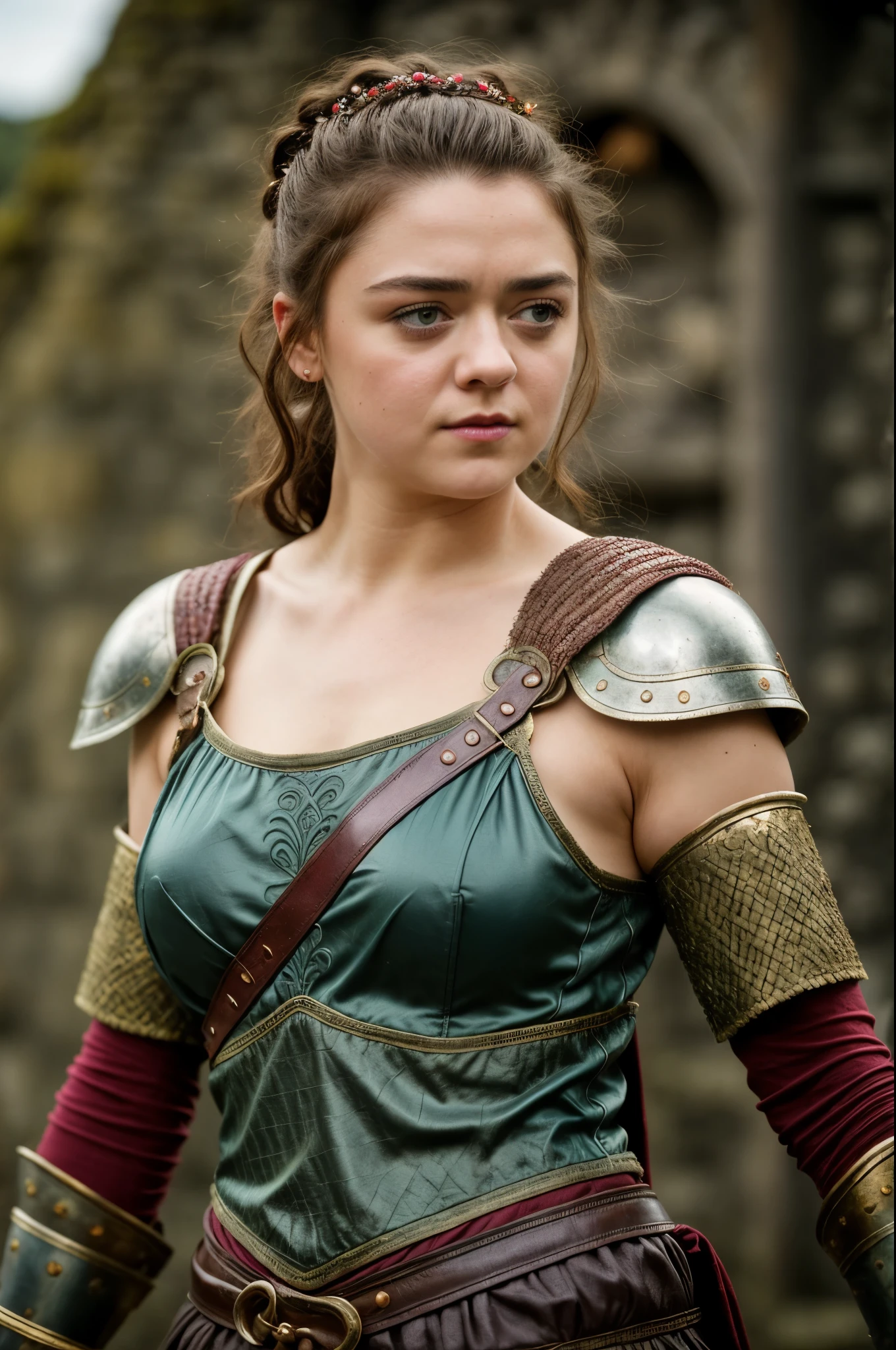 Foto RAW, Arya Stark, Stunning Beauty, Ravishing, Enchantress, Extremely gorgeous lady, Arya Stark PLAYED BY MAISIE WILLIAMS, Queen Arya Stark, she a mature woman now, milf, sexy mediaeval battle dress, gladiator woman, body, 40 years old Woman, Roman slave dress, cotton dress, busty mediaeval costumes, body revealing costumes, perky breast, big natural breast, erotic costumes, lusty physique, seductive figure can capture every people's attention, Game of thrones costumes, revealing captivating figure, Mediaeval costumes, revealing clothes, A tomboy, she would rather fence than dance, warrior queen , game of thrones screen caps, Game of Thrones Series, (pele altamente detalhada: 1.2), 8k UHD, DSLR, soft-lighting, alta qualidade, grain of film, Fujifilm XT3, flawless picture, highly detailed, detailed Beauty, intricate, 32k, sharp picture,